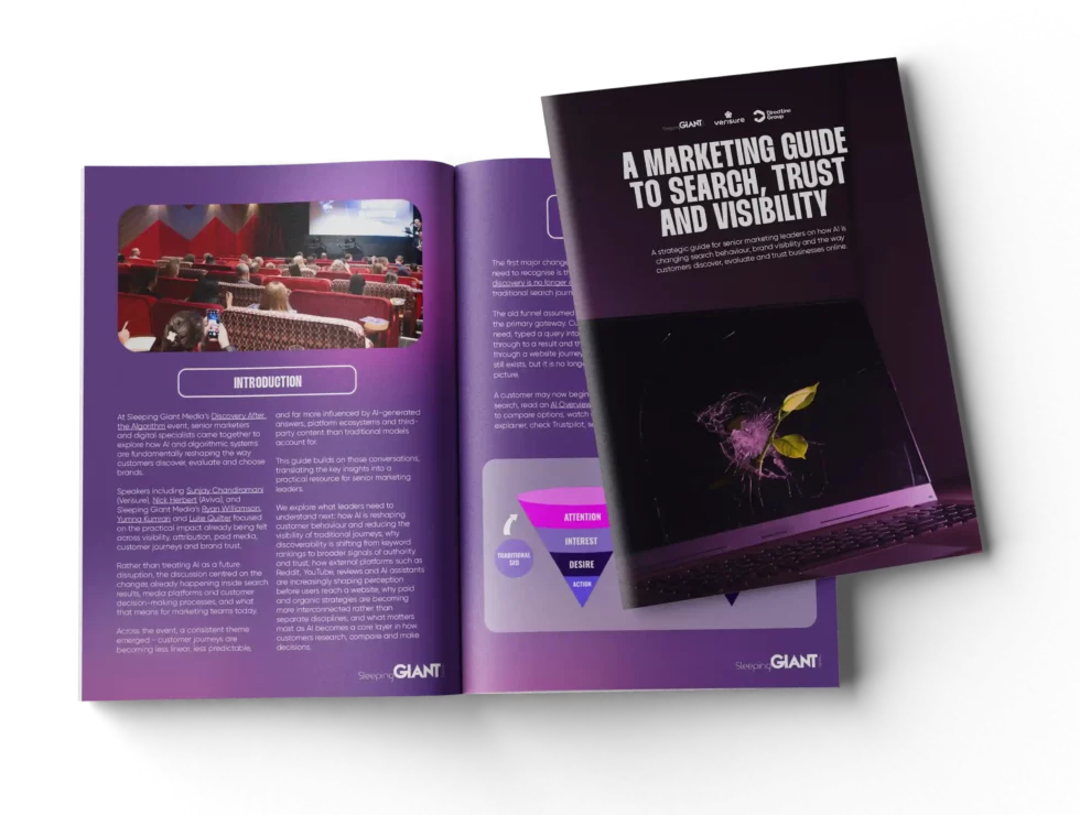 Open spread and cover of the guide A Marketing Guide to Search, Trust and Visibility